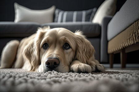 Domestic Animal. A close up picture of a cute dog lying on a gray carpet in the living room of a modern house. A happy golden retriever is resting near the couch. Generative AIの素材