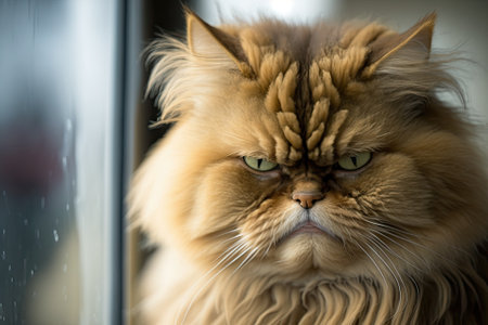 Close up front portrait of a tan, long haired cat with an angry face. Window and white wall in background are out of focus. Generative AIの素材