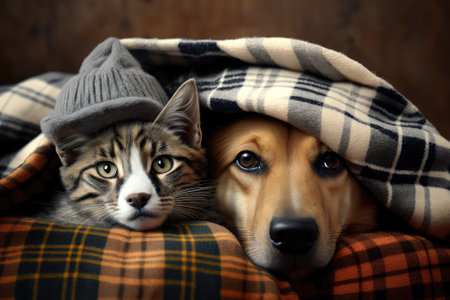 Dog and cat are staying warm at home by wearing hats and lying under warm blankets. Dog and cat together under plaid. Generative AIの素材