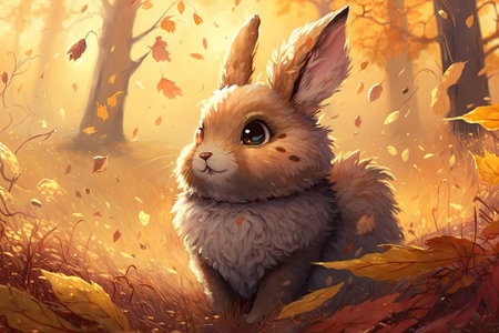 Cute Fluffy Bunny in a Lovely Fall Clearing. Golden Hour, Forest, Woods, Autumn, Leaves, Trees, and a rabbit. [Digital Art, Illustration, Portrait of an Animal Character, Science Fiction, Fantasy, Bac. Generative AIの素材