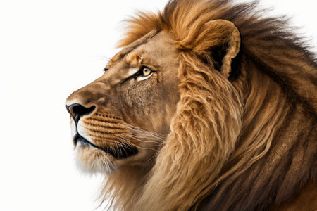 Close up of the roaring profile of a 10 year old lion, Panthera Leo, on a white background. Generative AIの素材