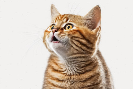 Hungry cat on a white background isolated. The ginger colored tabby kitten licked its lips. Banner of a creative idea for sales. Online shopping. Generative AIの素材