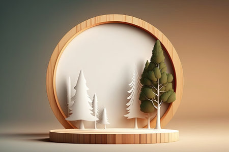 Eco rural pine tree wood disc podium with a background of white light and shadow. minimal product presentation scene with an empty display. Generative AIの素材