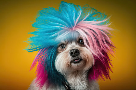 Funny dog with wig on color background. Generative AIの素材