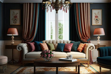 Elegant living room with classic looking sofa, colorful curtains, lamp and glass table. Generative AIの素材
