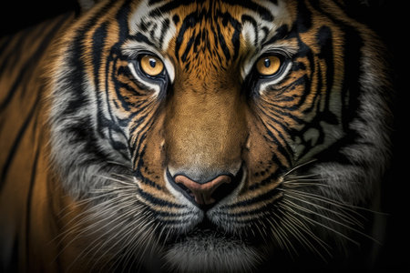 Detail of a close up portrait of a Sumatran tiger, Panthera tigris sumatrae, a rare subspecies of tiger that lives on the island of Sumatra in Indonesia. Generative AIの素材