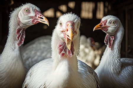 In the barnyard, white turkeys are fed. White male domestic turkey, head shot. On a farm, they raise turkeys. Generative AIの素材