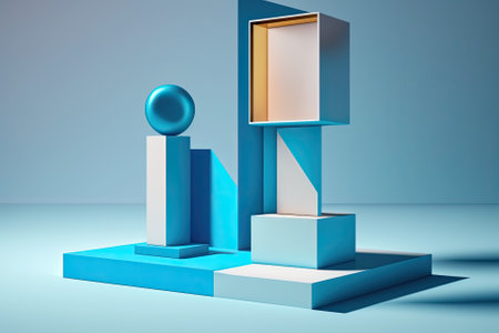 Illustration on a podium with simple geometry for product presentation and a blue background. Generative AIの素材