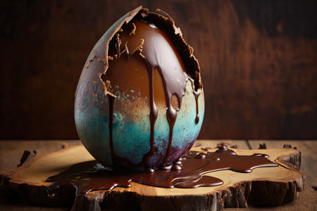 Easter egg made of cracked chocolate, loaded with dulce de leche (dripping), and displayed on a wooden stand on a hardwood table. Generative AIの素材