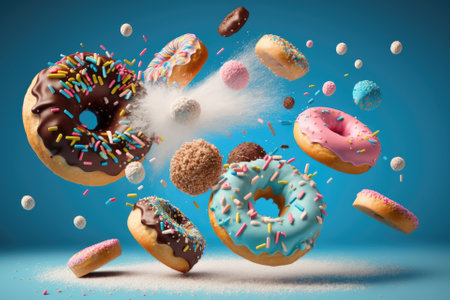 Flying doughnuts scene a variety of tasty donuts in various colors with a sprinkle on a blue background. Generative AIの素材