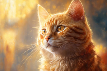 Ginger is a cat. A picture of a cute red ginger tabby cat on a bright summer day. Cats were. Orange animal. Funny kitty. Sunset. Yellow kitten. Closeup portrait. Generative AIの素材