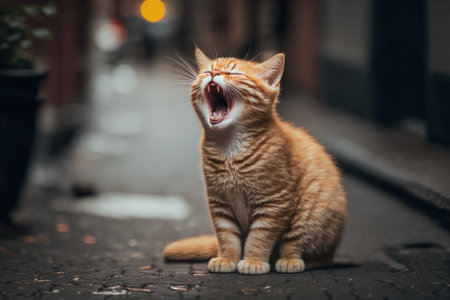 Cute orange tabby mix cat yawning on street. Generative AIの素材