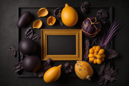 Easter eggs in a dark frame that have been naturally dyed with onion skin, turmeric, red cabbage, coffee, and carmine. room for copy, mock up. Generative AIの素材