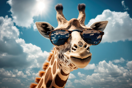 Funny fashion portrait of a giraffe (Giraffa camelopardalis) wearing hipster sunglasses against a blue sky and clouds background. Ecotourism and african safari, animal concept. With cool shades, macho. Generative AIの素材