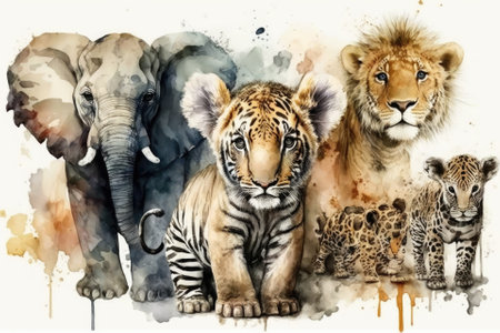 Elephant, tiger, lion, and other cute baby animals are painted in watercolor. Generative AIの素材