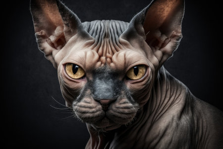 Front view of a grumpy Sphynx cat in close up on a black background. Generative AIの素材