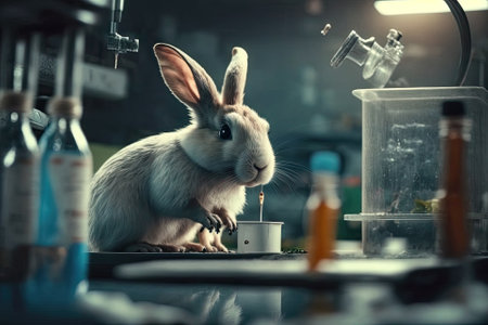 In a lab, scientists or pharmacists do research on chemicals and test them on animals. rabbit in scientific lab experiment. Generative AIの素材