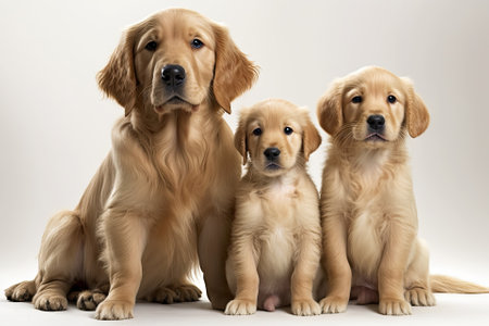 Golden Retriever puppy sitting near adult golden retriever dogs. Senior and little dog. 8 week old puppy. three canines. Generative AIの素材