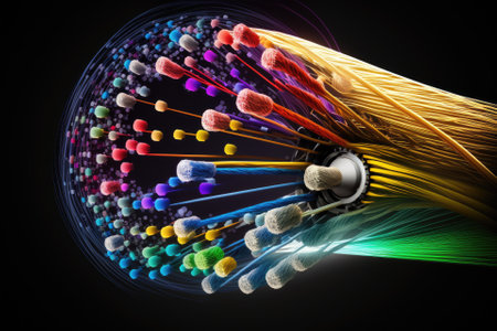 Fiber optic strands connected to a broadband Ethernet connection using the FTTP full fiber concept. Generative AIの素材