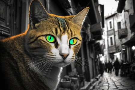 Istanbul street cat with green eyes. Selective attention. Background not clear. Generative AIの素材