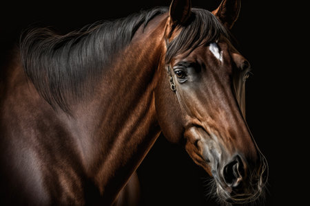Fine art shot of a dark chestnut brown quarter horse gelding on a black background. Generative AIの素材