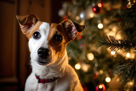 Merry Christmas, Happy New Year, Jack Russell Terrier. holidays and parties, the Christmas tree in the room. Generative AIの素材