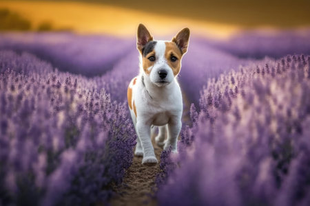 Jack Russell terrier is the breed of a small dog that is the color of lavender. Lavender field, Provence. Generative AIの素材
