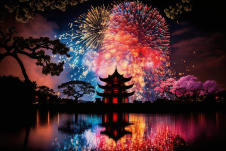 In Japan, a fireworks display is a common sight during the summer. Generative AIの素材