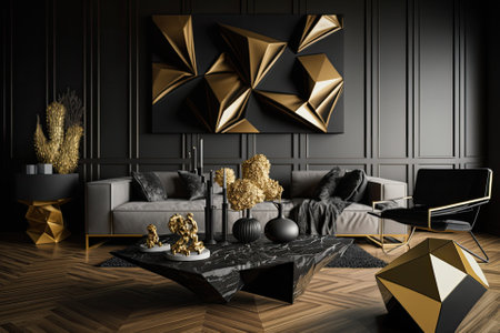 Modern liveing room black golden tone with wooden tabletop space. Generative AIの素材