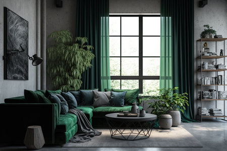 Industrial and loft living room interior with concrete wall, gray sofa, modern armchair, simple black coffee table, green pillows, curtain, books and personal accessories. Home decor. Template. Generative AIの素材