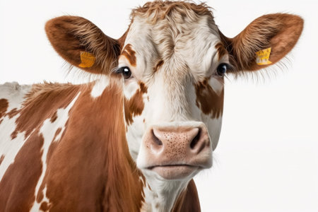 Isolated on white cow, smiling, portrait of a calm and experienced cow, gentle look. Generative AIの素材