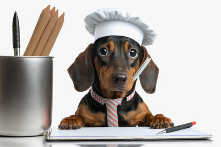 Office worker sausage dachshund dog as boss and chef, with pencil or pen in mouth, isolated on white background. Generative AIの素材