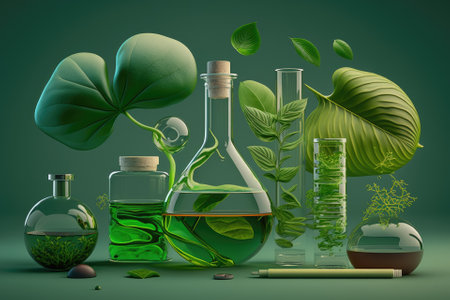 Natural organic botany and scientific glassware, alternative green herb medication, natural skin care and beauty items, natural drug researcher, Concept for research and development. Generative AIの素材