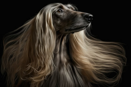 On a black background, there is a picture of an Afghan hound. Long haired dogs are easy to clean. Generative AIの素材