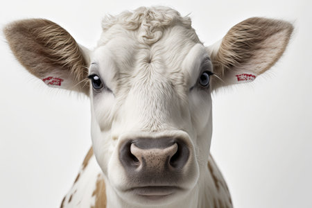 On a white background, there is a white cow looking at us. Generative AIの素材