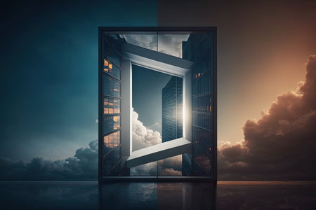Modern skyscraper as seen via a window with futuristic styling. Generative AIの素材