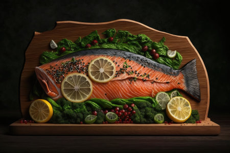 On a brown platter with lettuce leaves, one piece of baked salmon was cooked with pepper, lemon, and salt. a wooden backdrop. Generative AIの素材