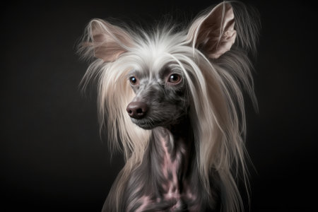 On a dark background, there is a picture of a Chinese crested dog. The studio has a nice pet. Beautiful light. Generative AIの素材