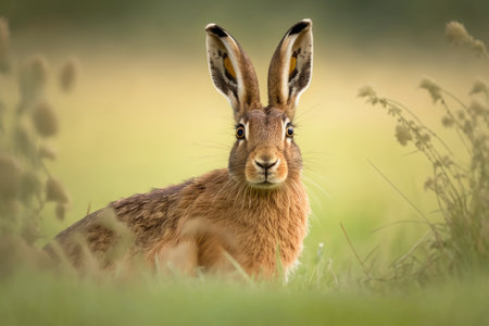 Lepus europaeus, a wild brown hare, looks with its ears perked up at a green field in the spring. Rabbit hiding in grass with the camera and copy space in front of it. Generative AIの素材