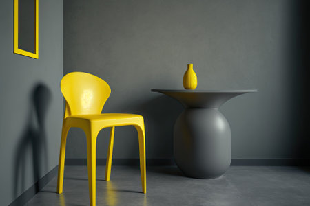 New yellow chair and small, decorative table standing in interior with grey wall. Generative AIの素材
