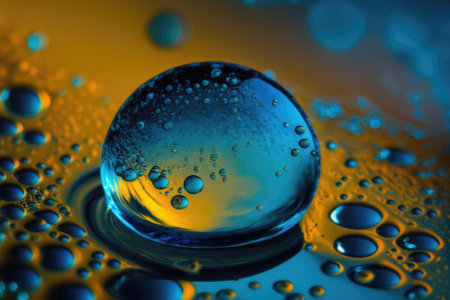 Oil drops on the water Abstract background blue macro photography. Generative AIの素材