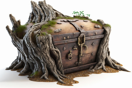 Old wooden trunk of buried wealth, isolated on a white background. Generative AIの素材