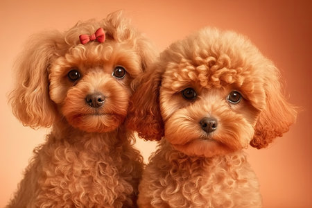On a beige background are two red Maltipoos. dogs with curls in a photo studio. Maltese, poodle. Generative AIの素材