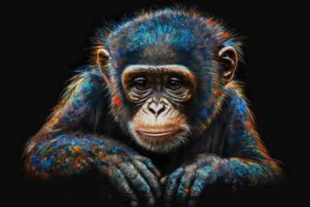 Original oil painting. Monkey that had been painted. On a black background, there are bright colors. The monkey has its head held up. Generative AIの素材