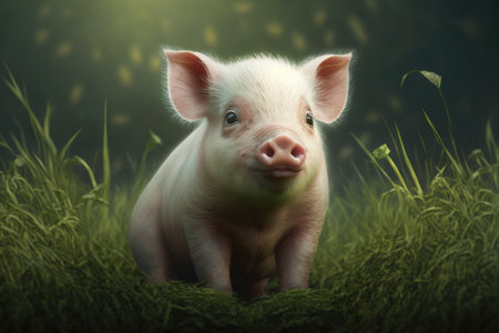 On the green grass, there is a young pig. Generative AIの素材