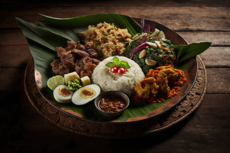 Nasi Campur Bali. Popular Balinese meal of rice with variety side dishes, which are served together with the rice and more as optional extras. Generative AIの素材