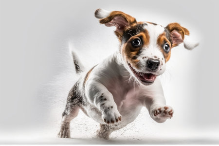Portrait of a Jack Russell Terrier puppy in motion, jumping, on a white studio background. The idea of movement, beauty, a vet, a breed, pets, and animal life. Advertisement space. Generative AIの素材