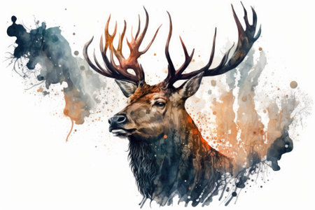 Picture of a deer. Painting with watercolors. Hand drawn front view of a stag. Forest beautiful deer head element. Male deer that has horns. A picture of a wild animal on a white background. Generative AIの素材