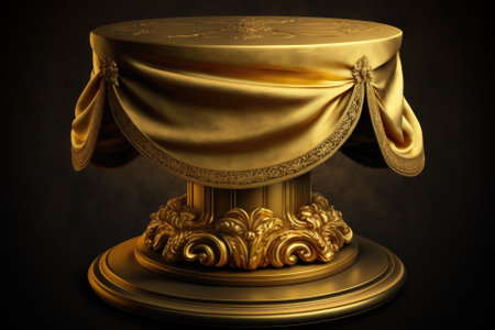 On top of a platform shelf or pedestal with a gold background, a golden opulent fabric with a luxury theme is placed. Generative AIの素材