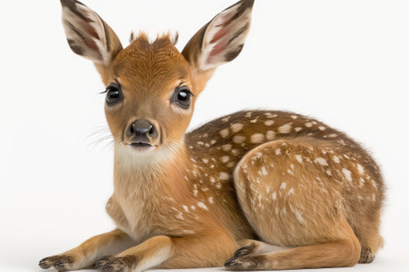 Portrait of a 15 day old Roe Deer Fawn, Capreolus capreolus, sitting in front of a white background in a studio. Generative AIの素材